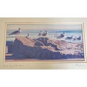 Vintage Art Print Signed Matted Seagulls at Beach Ocean Coastal Nautical Decor